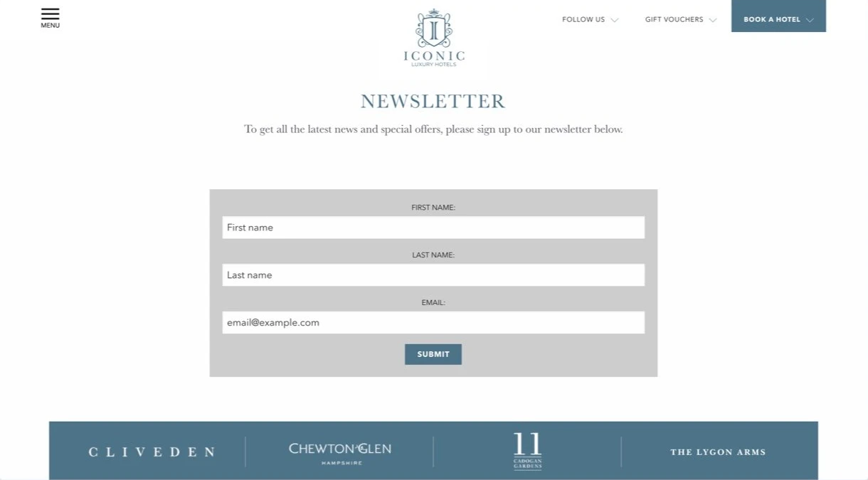 Ejemplo de formulario de suscripción de Iconic Luxury Hotel